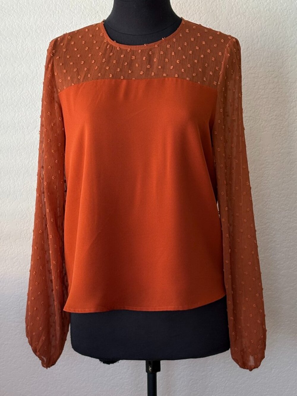 Pink Lily Rust Orange Swiss Dot Sheer Sleeve Blouse S